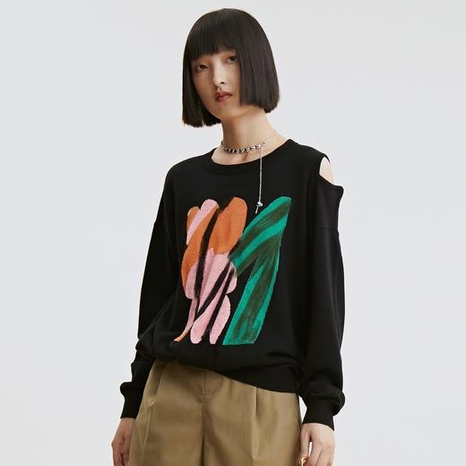 谜底长袖针织衫2021秋季新款涂鸦提花宽松圆领套头衫女213MZ2041 商品图0