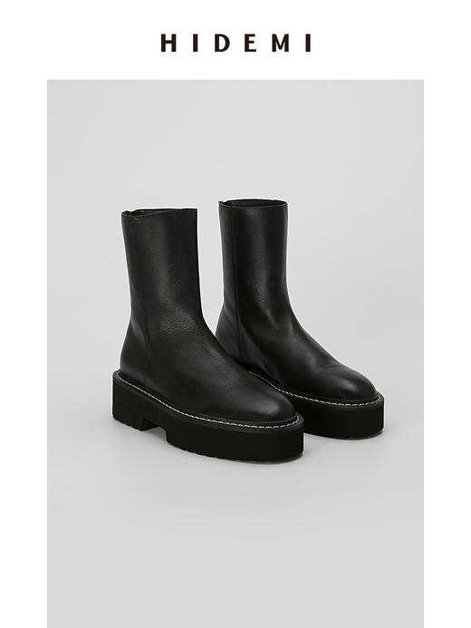 HIDEMI简约加厚增高底女鞋牛皮擦色短靴 黑色牛皮/棕色牛皮/墨绿色麂皮 商品图5