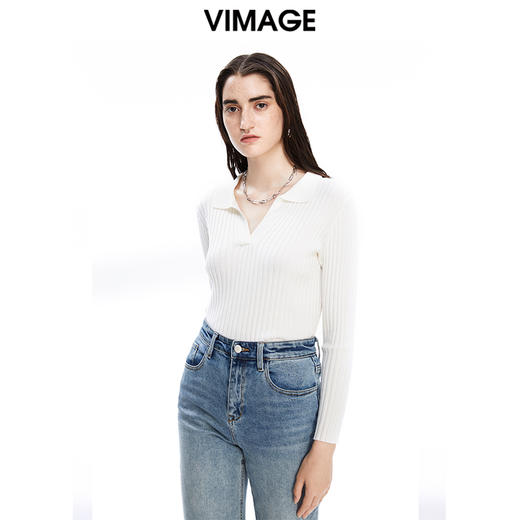 VIMAGE纬漫纪秋季新款款时尚百搭纯色V领针织衫女上衣套头V1601214 商品图10