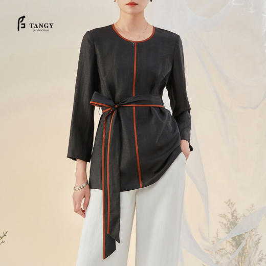TANGY Collection/天意精品2021年秋冬新品真丝撞色莨绸香云纱T恤 商品图0