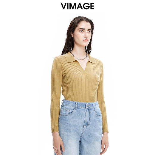 VIMAGE纬漫纪秋季新款款时尚百搭纯色V领针织衫女上衣套头V1601214 商品图3