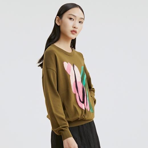 谜底长袖针织衫2021秋季新款涂鸦提花宽松圆领套头衫女213MZ2041 商品图2