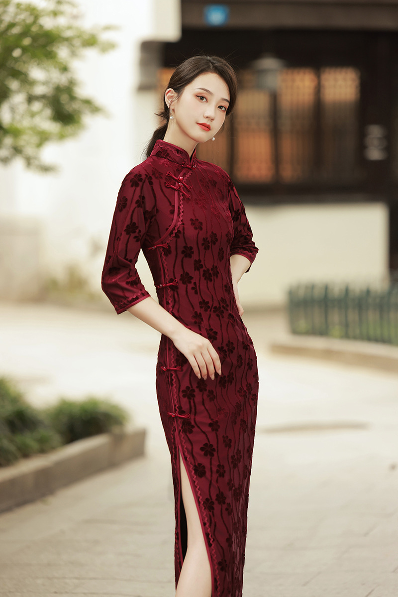 日常修身改良,雪尼尔旗袍裙za-570