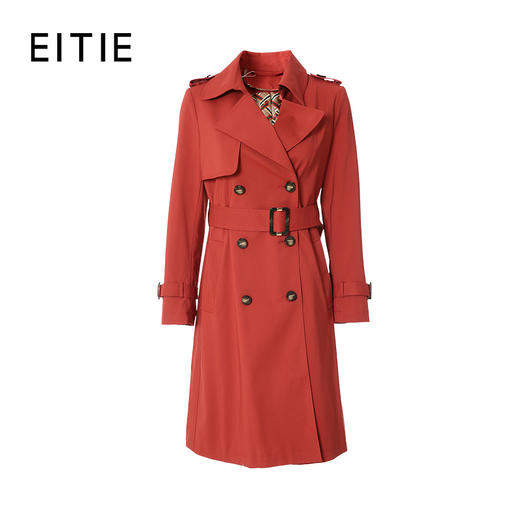 EITIE爱特爱新款经典翻领时尚双排扣收腰红色中长风衣外套C2104812 商品图4