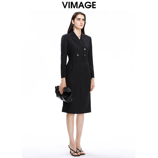VIMAGE纬漫纪秋季新款洋气西装V领收腰显瘦中长款连衣裙女V1607244 商品图1