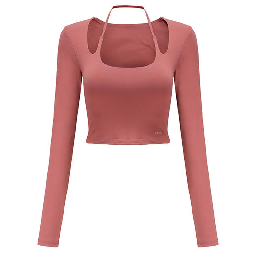 【裸感】法式红挂脖带胸垫长袖弹力紧身健身服女瑜伽服 商品图4