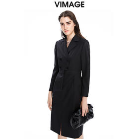 VIMAGE纬漫纪秋季新款洋气西装V领收腰显瘦中长款连衣裙女V1607244