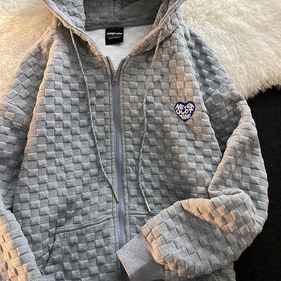 2021秋装新款连帽卫衣女宽松华夫格韩版百搭设计感长袖开衫外套潮圣诞七夕情人节 商品图3