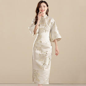 AYK- QF-210703 提花杏底牡丹长款修身旗袍时尚改良七分袖连衣裙2021秋季国风女装