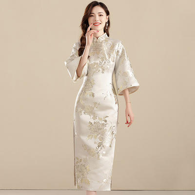 AYK- QF-210703 提花杏底牡丹长款修身旗袍时尚改良七分袖连衣裙2021秋季国风女装 商品图0