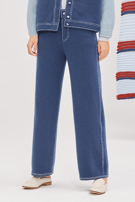 手工刺绣撞色羊绒裤 SJF93K379N 商品图0