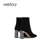 westory2021秋季新款小香风时尚女靴尖头粗跟小众短靴W21DS80961 商品缩略图2