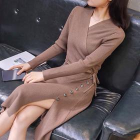 秋冬季韩版针织打底长裙修身V领毛线连衣裙毛衣女套头衫中长款裙七夕情人节