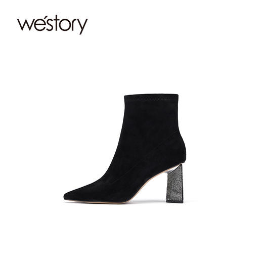 westory2021秋季新款小香风时尚女靴尖头粗跟小众短靴W21DS80961 商品图1