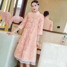 FNZD99540新款复古优雅气质修身小立领七分袖中长款重工刺绣风衣外套