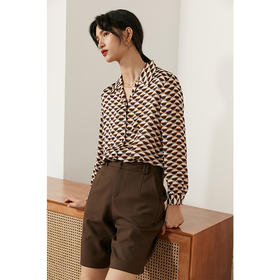 HeyDress法式复古缎面衬衫女春别致波纹印花衬衣收腰时尚设计感长袖上衣