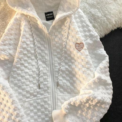 2021秋装新款连帽卫衣女宽松华夫格韩版百搭设计感长袖开衫外套潮圣诞七夕情人节 商品图0