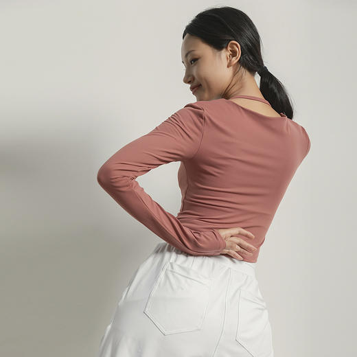 【裸感】法式红挂脖带胸垫长袖弹力紧身健身服女瑜伽服 商品图2