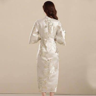 AYK- QF-210703 提花杏底牡丹长款修身旗袍时尚改良七分袖连衣裙2021秋季国风女装 商品图2