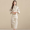 AYK- QF-210703 提花杏底牡丹长款修身旗袍时尚改良七分袖连衣裙2021秋季国风女装 商品缩略图1