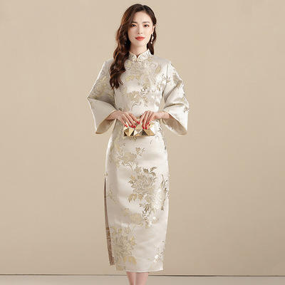 AYK- QF-210703 提花杏底牡丹长款修身旗袍时尚改良七分袖连衣裙2021秋季国风女装 商品图1