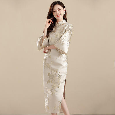 AYK- QF-210703 提花杏底牡丹长款修身旗袍时尚改良七分袖连衣裙2021秋季国风女装 商品图3