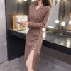 秋冬季韩版针织打底长裙修身V领毛线连衣裙毛衣女套头衫中长款裙七夕情人节 商品缩略图4