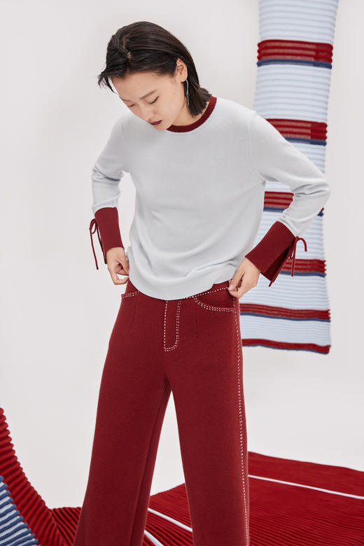 手工刺绣撞色羊绒裤 SJF93K379N 商品图5