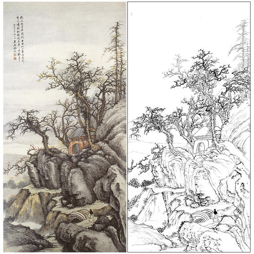 竖幅工笔画山水白描底稿-金城-《秋林桔树图》-多种白描尺寸可选-JS09 商品图0