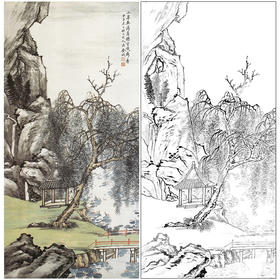 竖幅工笔画山水白描底稿-金城-《独坐观荷》-多种白描尺寸可选-JS02