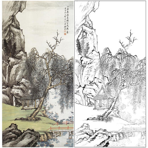 竖幅工笔画山水白描底稿-金城-《独坐观荷》-多种白描尺寸可选-JS02 商品图0