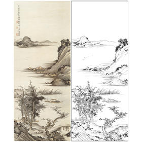 竖幅工笔画山水白描底稿-金城-《临盛子昭江山渔乐图》-多种白描尺寸可选-JS07
