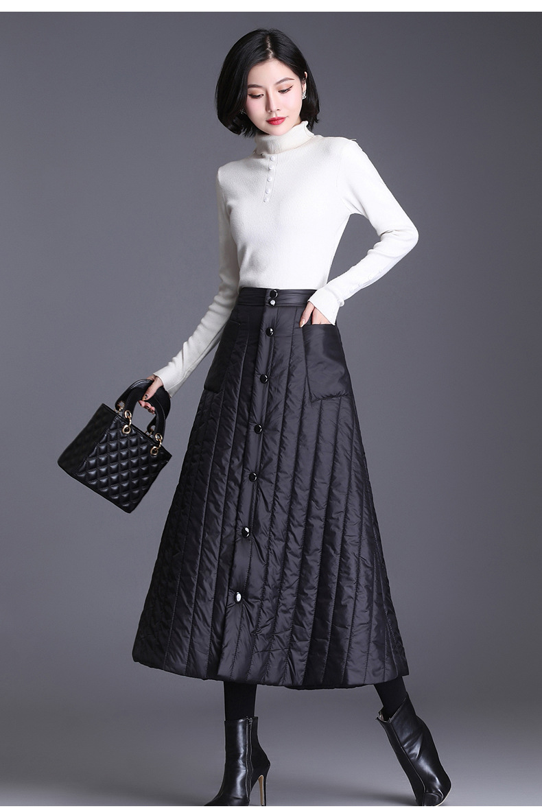 秋冬一片式大摆羽绒棉女裙半身裙新款高腰a字伞裙中长裙【唐丝蝶】qzf