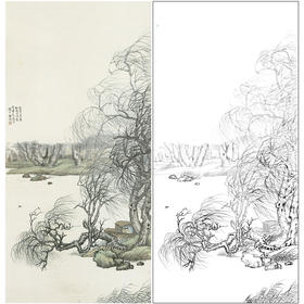 竖幅工笔画山水白描底稿-金城-《柳屯田词意图》-多种白描尺寸可选-JS08