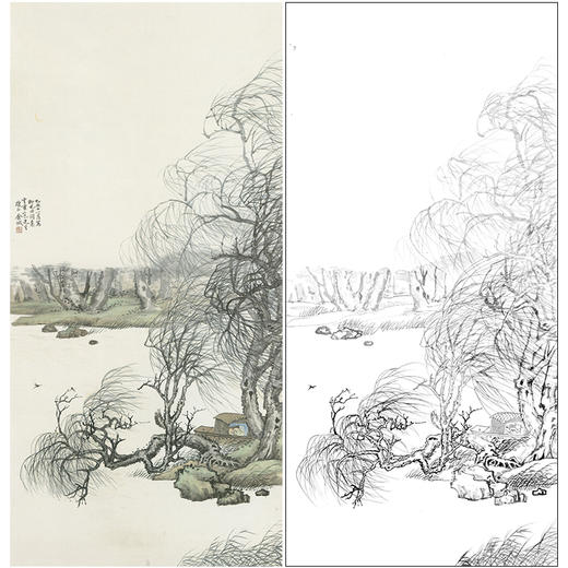 竖幅工笔画山水白描底稿-金城-《柳屯田词意图》-多种白描尺寸可选-JS08 商品图0
