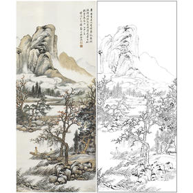 竖幅工笔山水人物白描底稿-金城-《自研轻墨写家山》-多种白描尺寸可选-JS14