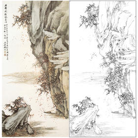 竖幅工笔画山水人物白描底稿-金城-《西山红叶图》-多种白描尺寸可选-JS12