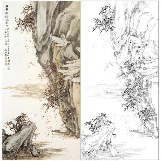 竖幅工笔画山水人物白描底稿-金城-《西山红叶图》-多种白描尺寸可选-JS12 商品图0