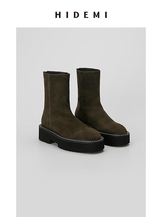 HIDEMI简约加厚增高底女鞋牛皮擦色短靴 黑色牛皮/棕色牛皮/墨绿色麂皮 商品图7