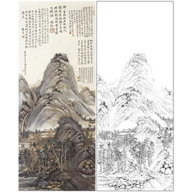 竖幅工笔画山水白描底稿-金城-《临陈汝言百丈泉图》-多种白描尺寸可选-JS05