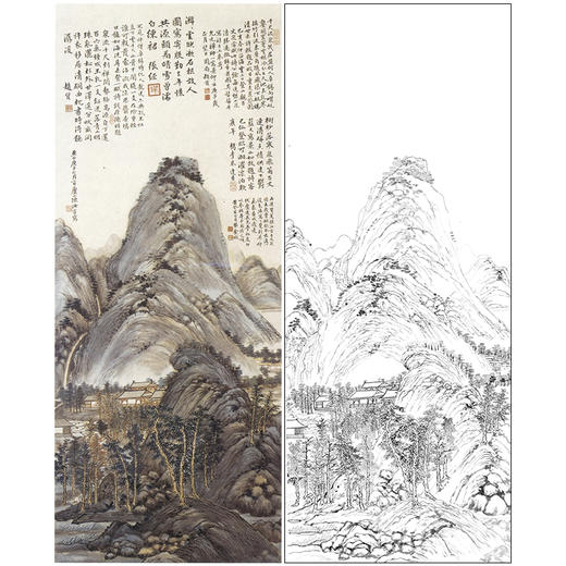 竖幅工笔画山水白描底稿-金城-《临陈汝言百丈泉图》-多种白描尺寸可选-JS05 商品图0