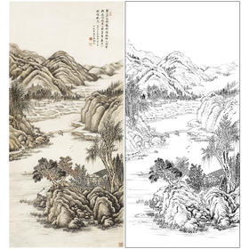 竖幅工笔画山水白描底稿-金城-《秋溪放棹图》-多种白描尺寸可选-JS10