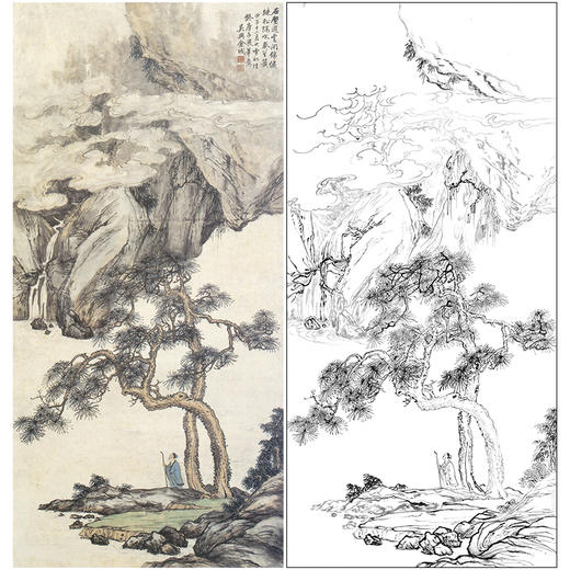 竖幅工笔画山水人物白描底稿-金城-《仿唐寅笔意》-多种白描尺寸可选-JS03 商品图0