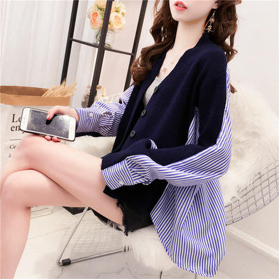 YSM- 144-5 大码针织拼接撞色条纹衬衫女秋季2021新款宽松衬衣胖mm上衣外套 商品图2