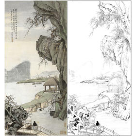 竖幅工笔画山水人物白描底稿-金城-《湖中赏梅图》-多种白描尺寸可选-JS04