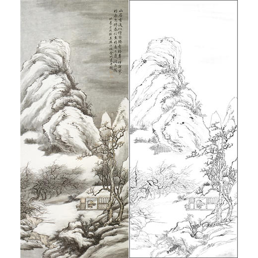 竖幅工笔山水人物白描底稿-金城-《山居雪后图》-多种白描尺寸可选-JS11 商品图0