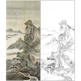 竖幅工笔画山水白描底稿-金城-临刘永年山水-多种白描尺寸可选-JS06