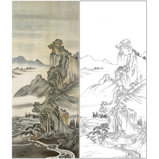竖幅工笔画山水白描底稿-金城-临刘永年山水-多种白描尺寸可选-JS06 商品图0
