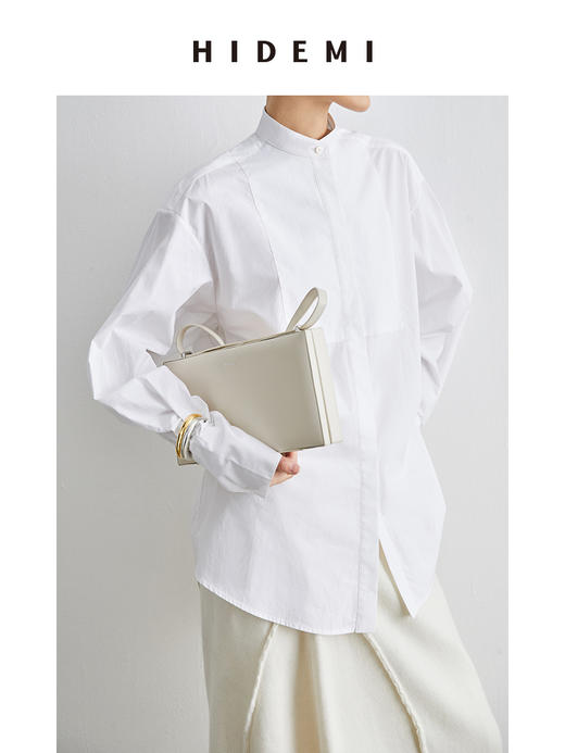 HIDEMI 经典拼接款圆领廓形衬衫 深藏蓝/白色 商品图8