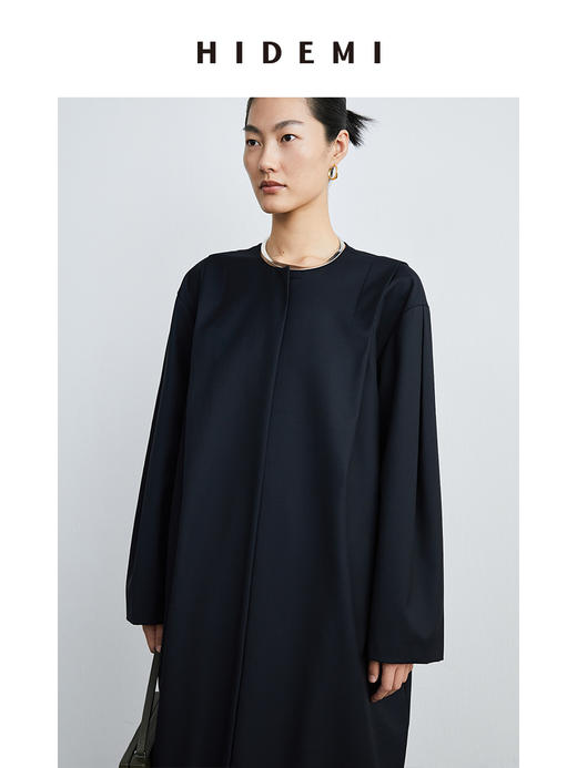 HIDEMI 设计感微茧型圆领长款精纺羊毛大衣 商品图5